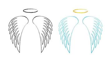 ailes angéliques à contour abaissé avec auréole. plumes magiques avec symbole de disque de feu doré brûlant fatigué mais prêt à combattre l'archange vecteur léger