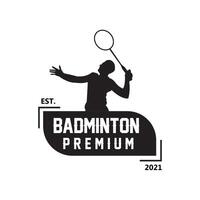 vecteur d'icône de logo de badminton, joueur de sport, utilisant une raquette, concept rétro premium