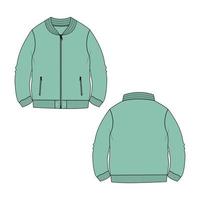 veste à manches longues et fermeture éclair sweat-shirt mode technique croquis plat illustration vectorielle modèle de couleur verte vecteur