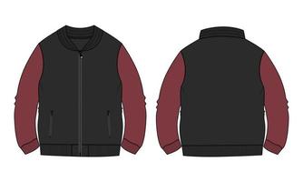 deux tons rouge et noir couleur manches longues et veste zippée sweat-shirt mode technique croquis plat modèle d'illustration vectorielle vecteur