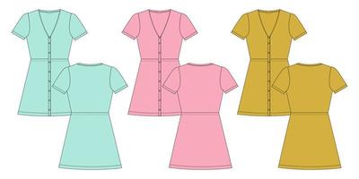 modèle d'illustration vectorielle de croquis plat de mode technique de conception de robe longue à manches courtes multicolore pour les filles et les dames.
