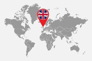 épingler la carte avec le drapeau britannique sur la carte du monde. illustration vectorielle. vecteur