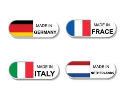 ensemble d'autocollants fabriqués en allemagne france italie pays-bas. icône simple avec un drapeau sur fond blanc vecteur