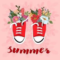 carte d'été lumineuse. belle affiche d'été avec des baskets à fleurs. jolie illustration vectorielle pour les arrière-plans, les cartes, les affiches et les dépliants. vecteur