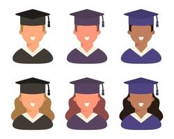 jeu d'icônes, étudiants diplômés en chapeaux d'étudiants, garçons et filles. icônes pour diplômes, écoles, collèges et universités. avatars
