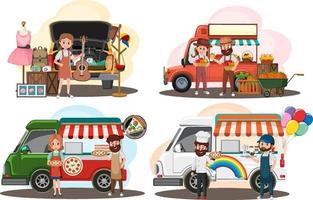 concept de marché aux puces avec ensemble de différents food trucks vecteur