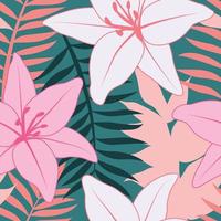 belles fleurs de lys tropicales et feuilles motif sans couture. feuilles tropicales, fond de motif floral harmonieux de feuille de monstera. illustration brésilienne à la mode vecteur