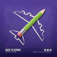 crayon relistic avec avion doodle décollage arrière-plan, concept de retour à l'école pour l'affiche et la bannière d'invitation vecteur