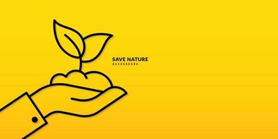 main tenant une jeune plante sur fond jaune, concept de protection de la pollution et de l'environnement. pousse de semis d'arbre vecteur