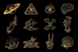 ensemble collection mystique céleste simple minimalisme tatouage clipart symbole espace griffonnage ésotérique éléments vintage illustration vecteur