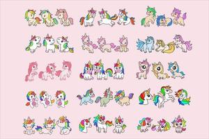 ensemble méga collection bundle de mignon coloré licorne cheval magique doodle dessin animé animal animal de compagnie heureux collection illustration vecteur