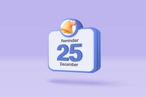 rappel 3d dans le calendrier sur fond violet. page de notifications avec des éléments flottants. alerte pour la planification d'entreprise, les événements, le rappel et le calendrier en arrière-plan. Rendu 3d de cloche de vecteur sur le calendrier