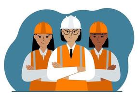 une équipe de travailleurs de la construction souriants portant des casques blancs et orange et des gilets orange. ingénieur et constructeurs. illustration vectorielle plate