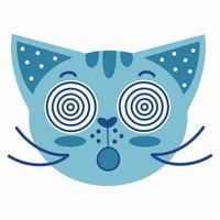 illustration vectorielle dessinée à la main d'un visage de chat. tête de chat bleu isolé sur fond blanc. chat surpris, animal de compagnie sous hypnose. style plat vecteur