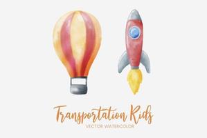 ballon de transport pour enfants et lancement de fusée aquarelle ensemble collection art conception graphique illustration