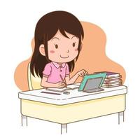 illustration de dessin animé d'une fille étudiant en ligne depuis la maison. vecteur