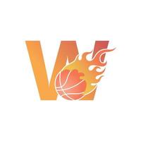 lettre w avec ballon de basket en feu illustration vecteur