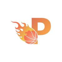 lettre p avec ballon de basket en feu illustration vecteur