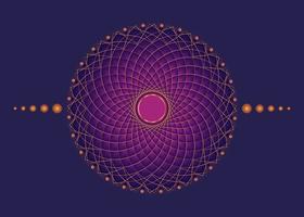 mandala de géométrie sacrée, icône de cercle méditatif or fleur rose, création de logo géométrique, roue religieuse mystique, concept de chakra indien, illustration vectorielle isolée sur fond violet vecteur