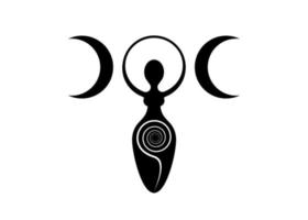 logo femme wiccan déesse triple lune, spirale de fertilité, symboles païens, cycle de vie, mort et renaissance. wicca terre mère symbole de la procréation sexuelle, icône de signe de tatouage vectoriel isolé sur blanc