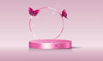 fond de fête des mères, podium rose avec des papillons volants. plate-forme 3d pour produit, présentation cosmétique. maquette. socle pour produits de beauté. bannière rose rose illustration vectorielle vecteur