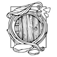 doodle de contour de porte ronde en bois et en pierre de dessin animé. illustration vectorielle de livre de coloriage de porte de fée vecteur