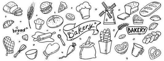 produits de boulangerie et ustensiles de cuisine pour le menu design. contours dessinés à la main doodles boulangerie ensemble illustration vectorielle. vecteur