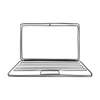 le carnet de croquis.un ordinateur portable ouvert avec un espace vide pour le texte à l'écran. vue de face. mode de gravure. appareil électronique. dessinés à la main et isolés sur blanc. illustration vectorielle noir et blanc.