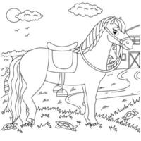 cheval mignon. animaux de ferme. page de livre de coloriage pour les enfants. style de bande dessinée. illustration vectorielle isolée sur fond blanc. vecteur