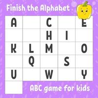 terminer l'alphabet. jeu abc pour les enfants. feuille de travail de développement de l'éducation. jeu d'apprentissage pour les enfants. page d'activité en couleur. vecteur