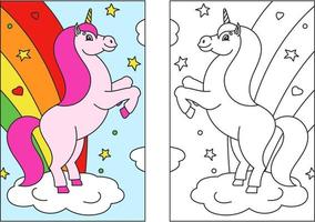 livre de coloriage pour les enfants. la licorne magique se cabra. le cheval animal se tient sur ses pattes arrière. style de bande dessinée. illustration vectorielle plane simple.