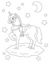 une belle licorne se dresse sur un nuage la nuit. page de livre de coloriage pour les enfants. personnage de style dessin animé. illustration vectorielle isolée sur fond blanc. vecteur
