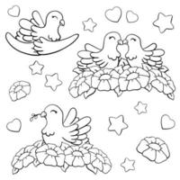 un couple de colombes amoureuses assises dans des fleurs. page de coloriage pour les enfants. tampon numérique. personnage de style dessin animé. illustration vectorielle isolée sur fond blanc.