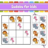 sudoku pour les enfants. feuille de travail de développement de l'éducation. page d'activité avec photos. jeu de puzzle pour les enfants. formation à la pensée logique. illustration vectorielle isolée. thème animalier. style bande dessinée. vecteur