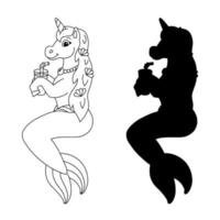 jolie sirène licorne boit du jus. silhouette noire. page de livre de coloriage pour les enfants. personnage de style dessin animé. illustration vectorielle isolée sur fond blanc. vecteur