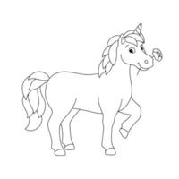 la licorne tient une fleur. page de livre de coloriage pour les enfants. personnage de style dessin animé. illustration vectorielle isolée sur fond blanc. vecteur