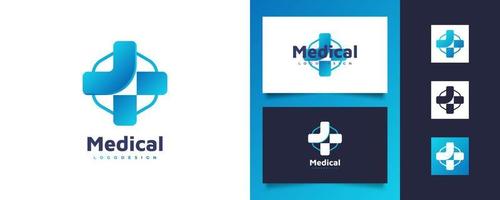 logo croix bleue pour l'identité du logo de l'hôpital, de la pharmacie, de la pharmacie ou de la clinique. croix avec logo en forme d'hexagone pour les entreprises de soins de santé vecteur