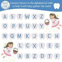 jeu abc de soins dentaires avec des personnages mignons. activité d'alphabet de médecine de dentiste pour les enfants d'âge préscolaire. choisissez des lettres de a à z pour aider la fée des dents à rassembler les dents. jeu d'hygiène buccale simple pour les enfants vecteur