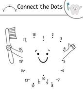 activité vectorielle point à point avec une jolie dent kawaii tenant une brosse à dents. reliez le jeu de points. personnage drôle de soin des dents. clipart de contour sur le thème dentaire pour les enfants. coloriage hygiène buccale vecteur