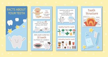 conception mignonne de brochure de soins dentaires pour les enfants. dépliant d'information de stomatologie drôle de vecteur avec des personnages souriants mignons. modèle de carte d'information sur les faits de dents pour les enfants. infographie de la clinique de bébé dentiste.