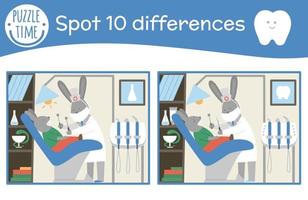 soin des dents trouver le jeu des différences pour les enfants. activité préscolaire d'hygiène buccale avec un dentiste et un patient mignons. puzzle de la clinique dentaire avec des personnages souriants drôles mignons pour les enfants. vecteur