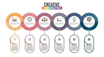 l'infographie de la chronologie du modèle horizontale colorée numérotée pour six positions peut être utilisée pour le flux de travail, la bannière, le diagramme, la conception Web, le graphique en aires vecteur