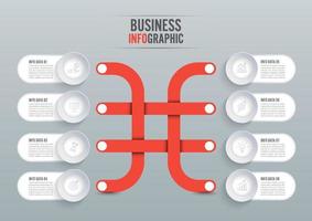 Le vecteur de conception infographie et les icônes de marketing peuvent être utilisés pour la mise en page du flux de travail, le diagramme, le rapport annuel, la conception de sites Web. concept d'entreprise avec 8 options, étapes ou processus.