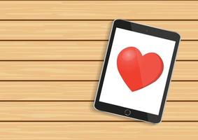 tablette mobile isolé avec coeur rouge sur bois. saint valentin, illustration vectorielle réaliste vecteur