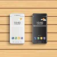 smartphone noir et blanc. nouveau style moderne de smartphone mobile réaliste. smartphone de vecteur avec des icônes d'interface utilisateur sur fond en bois.