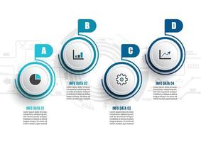 le vecteur de conception infographique et les icônes marketing peuvent être utilisés pour la mise en page du flux de travail, le diagramme, le rapport annuel, la conception Web. concept d'entreprise avec 4 options, étapes ou processus.