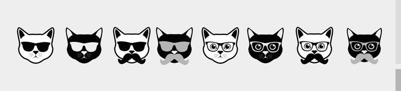 Ensemble noir et blanc de tête de visage de chat - icône d'émoticône de dessins animés de silhouette d'isolement sur le fond blanc vecteur
