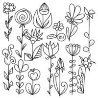 un ensemble de fleurs de griffonnage fantaisie avec des lignes simples et des points de différentes formes et tailles vecteur