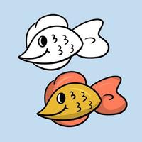 un ensemble d'images de couleur et de croquis. petit poisson d'aquarium jaune, illustration de dessin animé vectoriel sur fond bleu clair