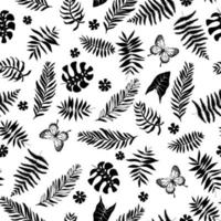 feuilles tropicales noires, fleurs et papillons sur fond blanc vecteur